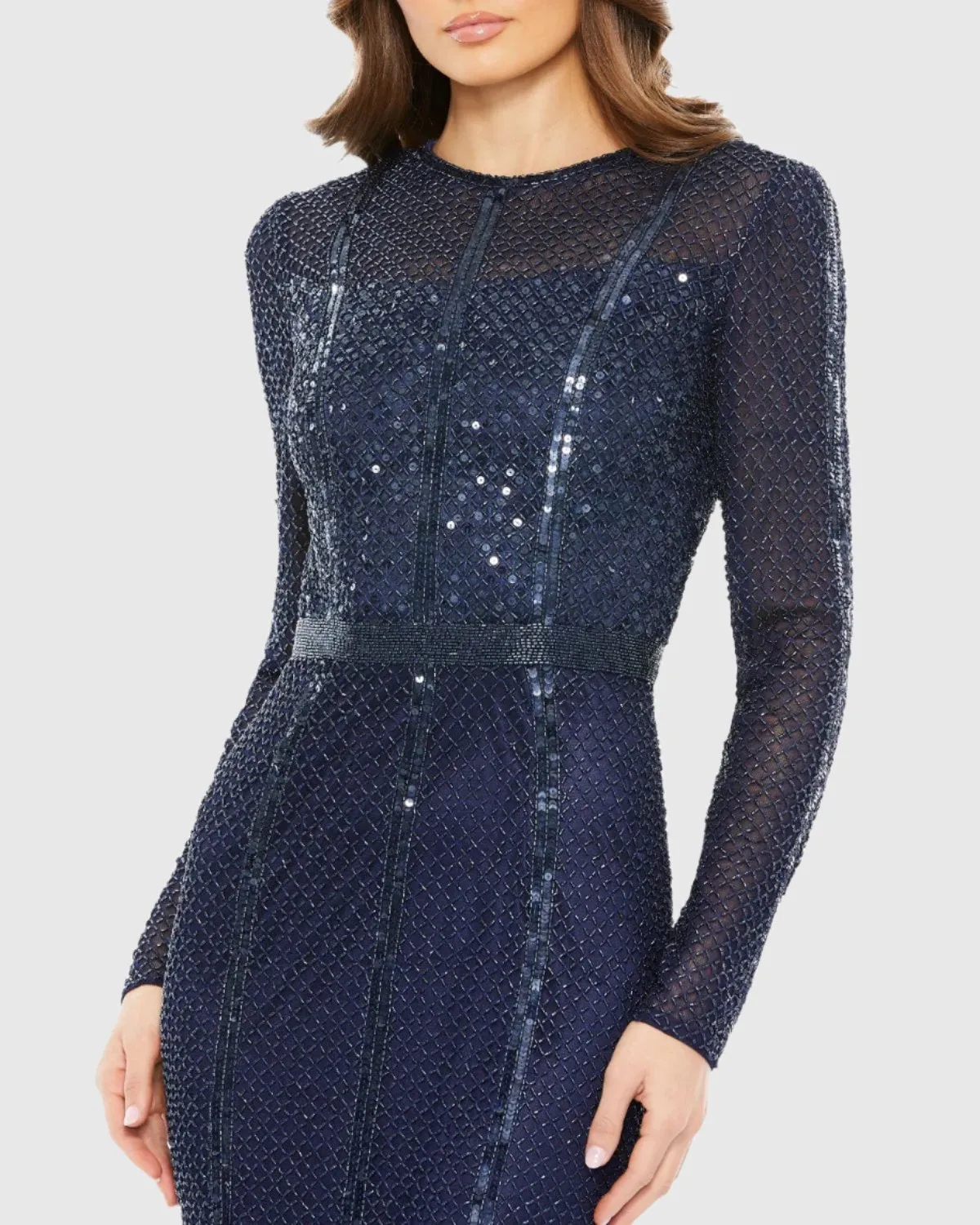 Embellished Illusion High Neck Long Sleeve Gown