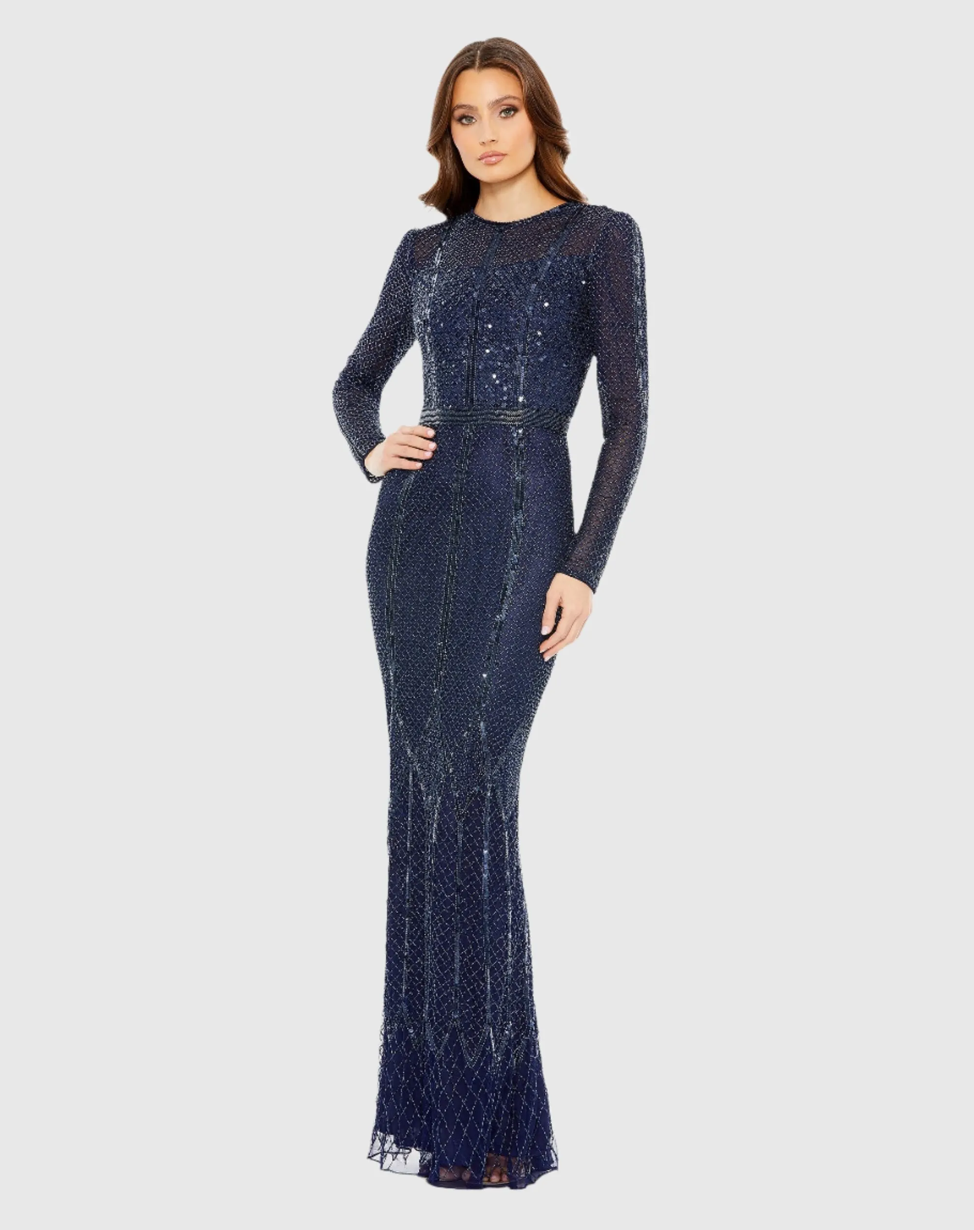 Embellished Illusion High Neck Long Sleeve Gown