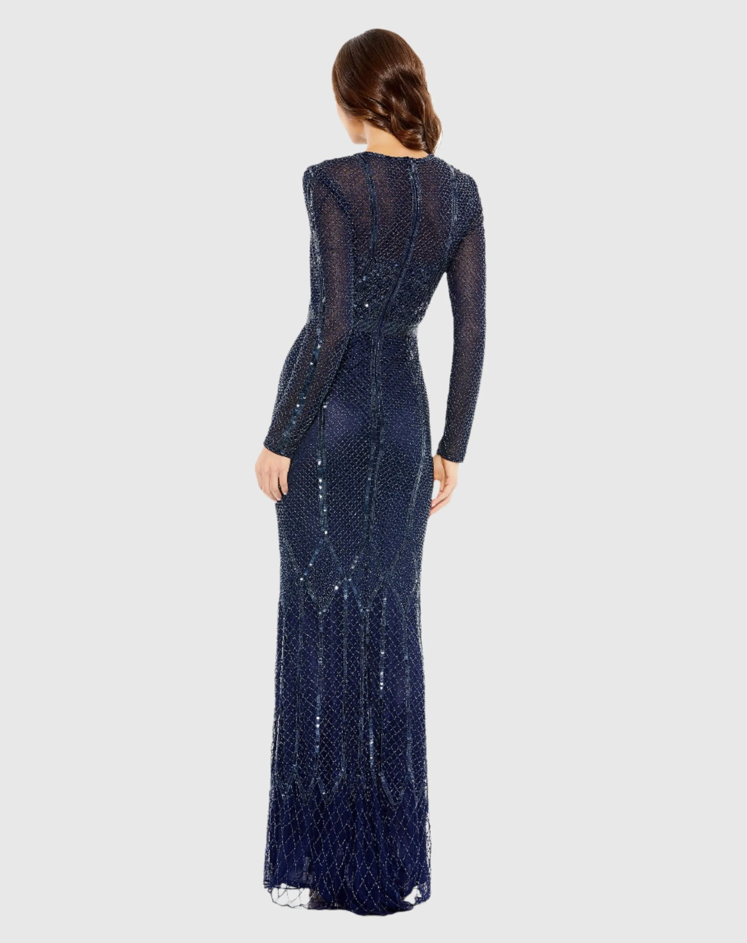 Embellished Illusion High Neck Long Sleeve Gown