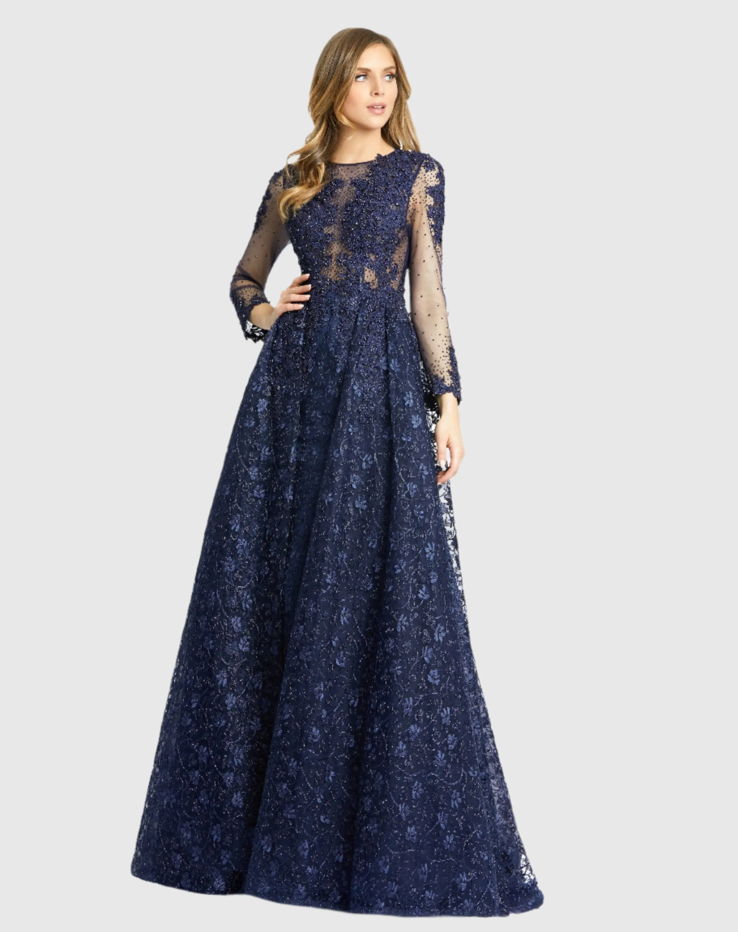 Embellished Illusion Long Sleeve A-Line Gown