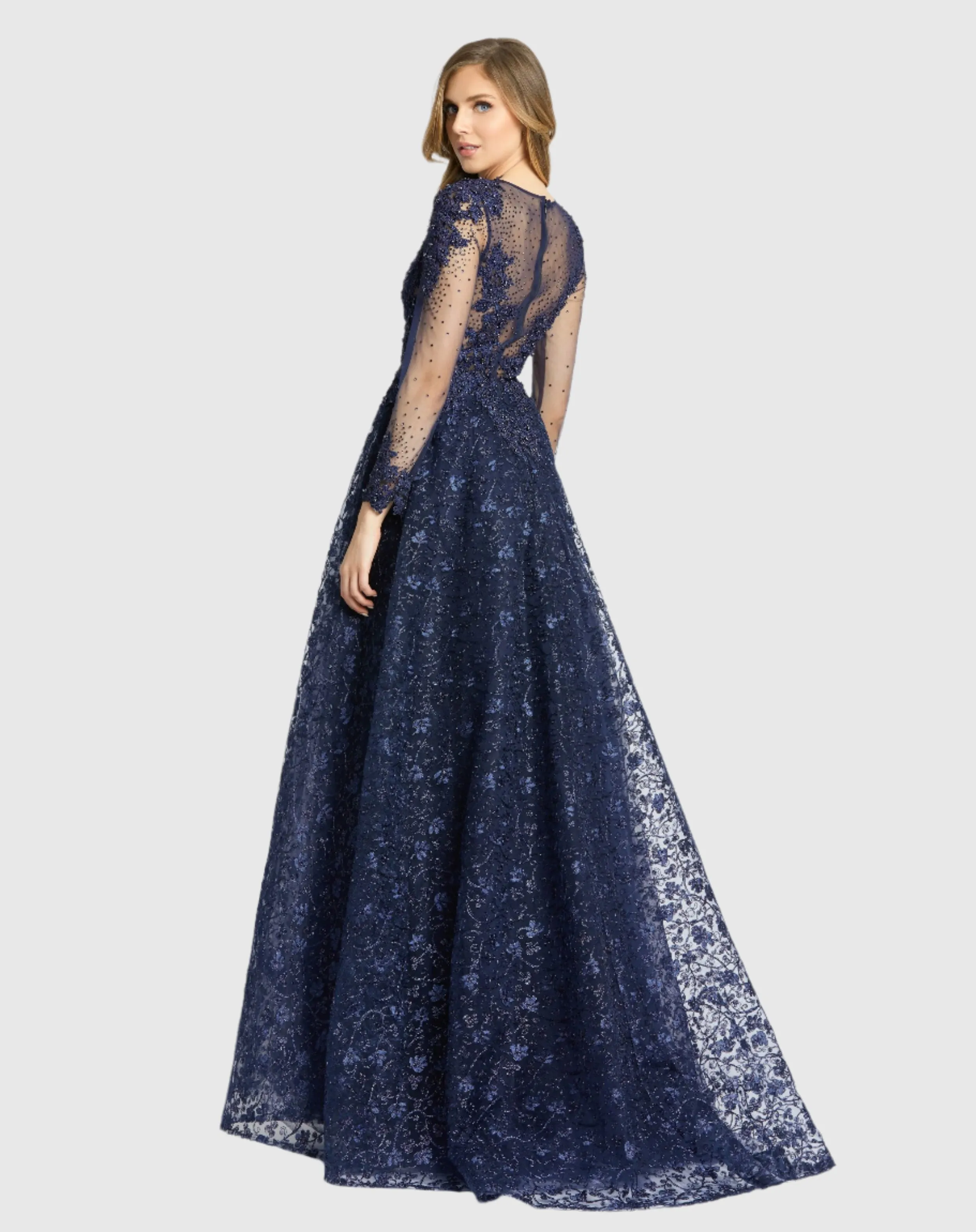 Embellished Illusion Long Sleeve A-Line Gown