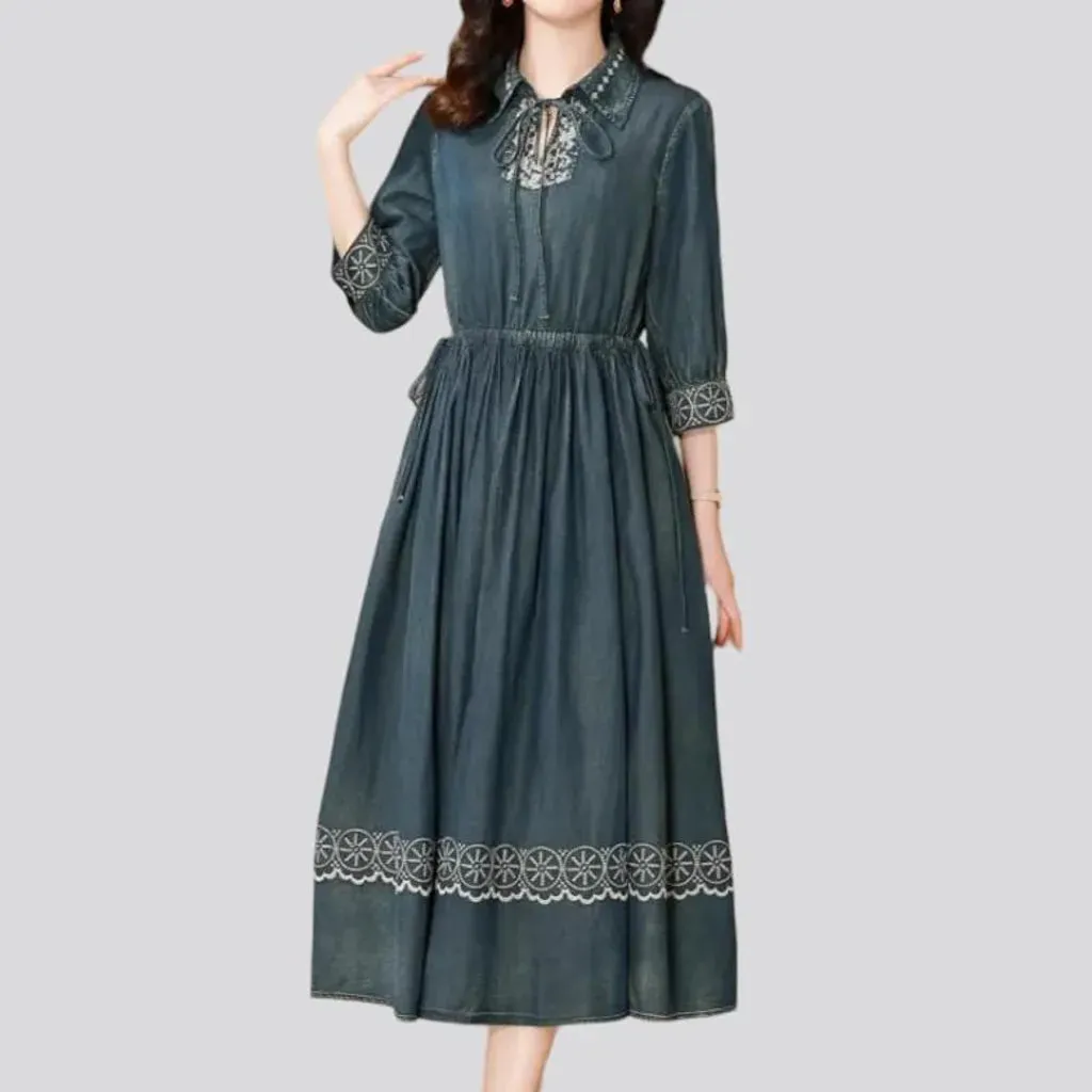 Embroidered long denim dress