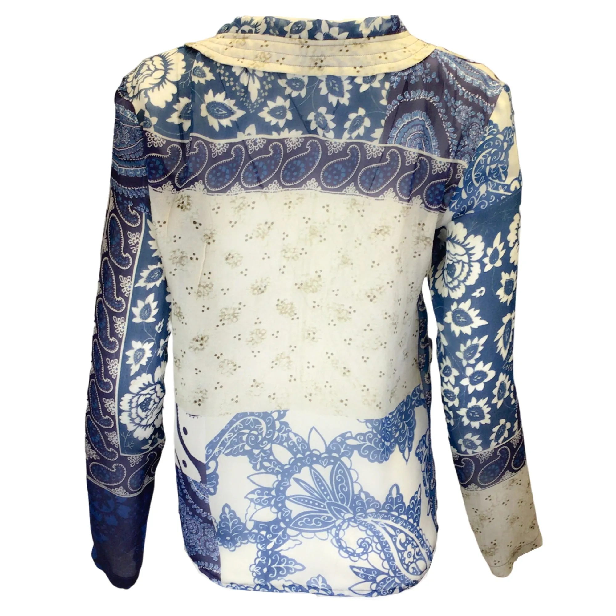 Etro Blue / Ivory Printed Long Sleeved Sheer Silk Blouse