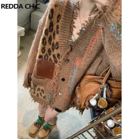 Fashionkova Label Patchwork Leopard Cardigan Sweater Women Retro Ripped Tassels Button Down Knit Jacket Thick Warm Winter Outwear