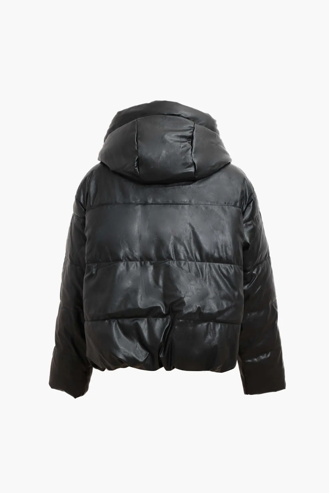 Faux Leather Hooded Puffer Jacket