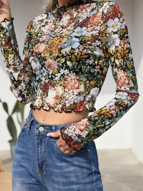 Floral Mesh Long Sleeve Crop Top