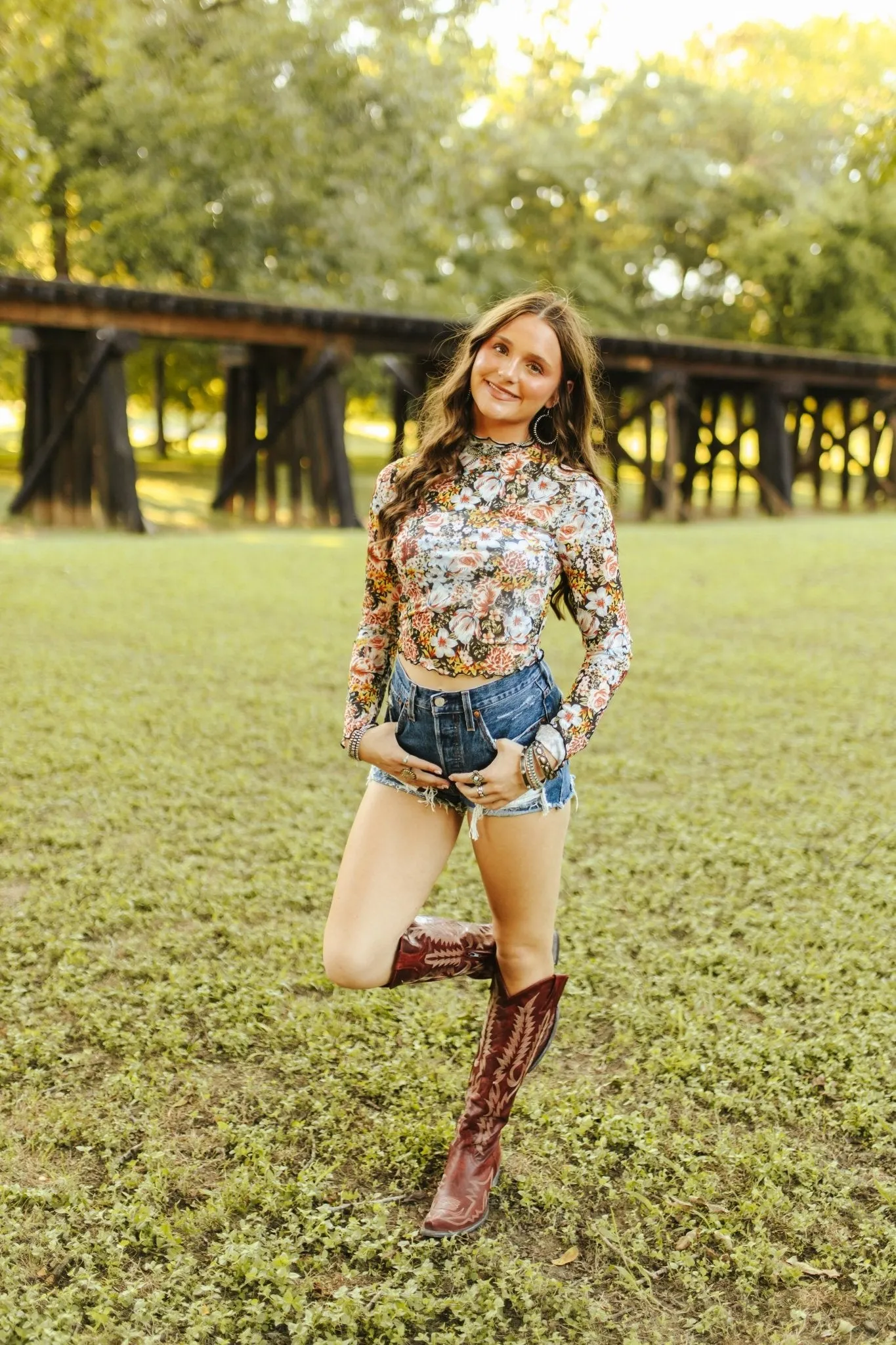 Floral Mesh Long Sleeve Crop Top