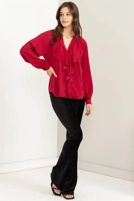 Front ruffle long sleeve blouse