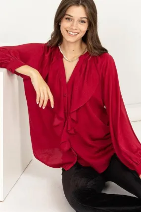 Front ruffle long sleeve blouse