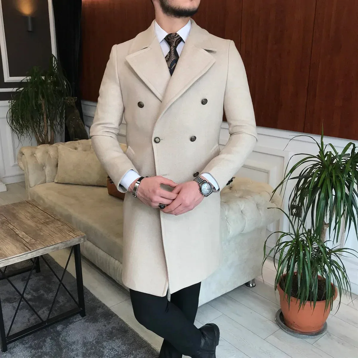 Frost Slim Fit Beige Double Breasted Wool Coat