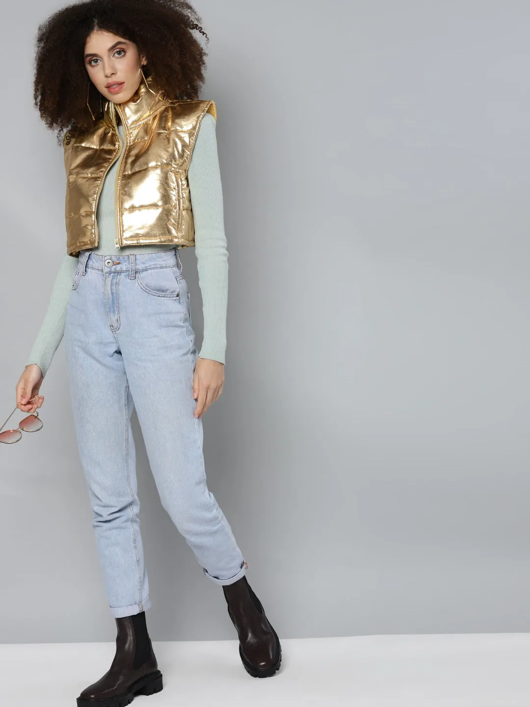 Gold Mettalic Sleeveless Puffer Crop Jacket