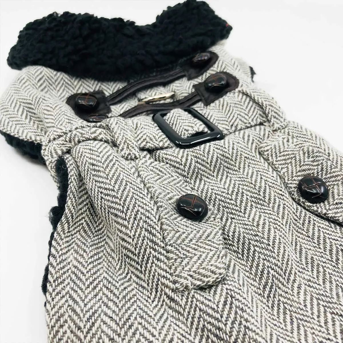 Gray Herringbone Dog Harness Coat with Black Faux Fur Collar