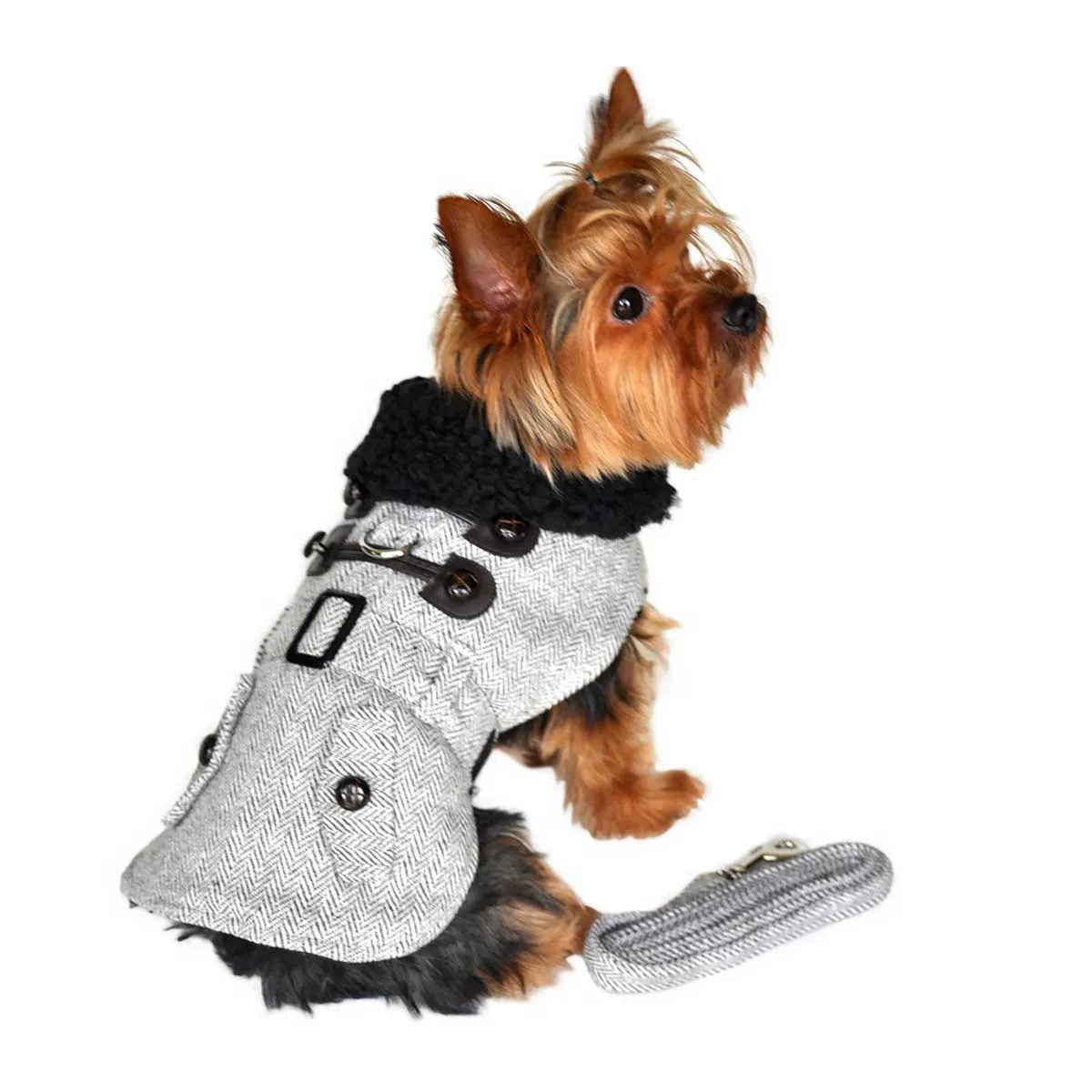 Gray Herringbone Dog Harness Coat with Black Faux Fur Collar