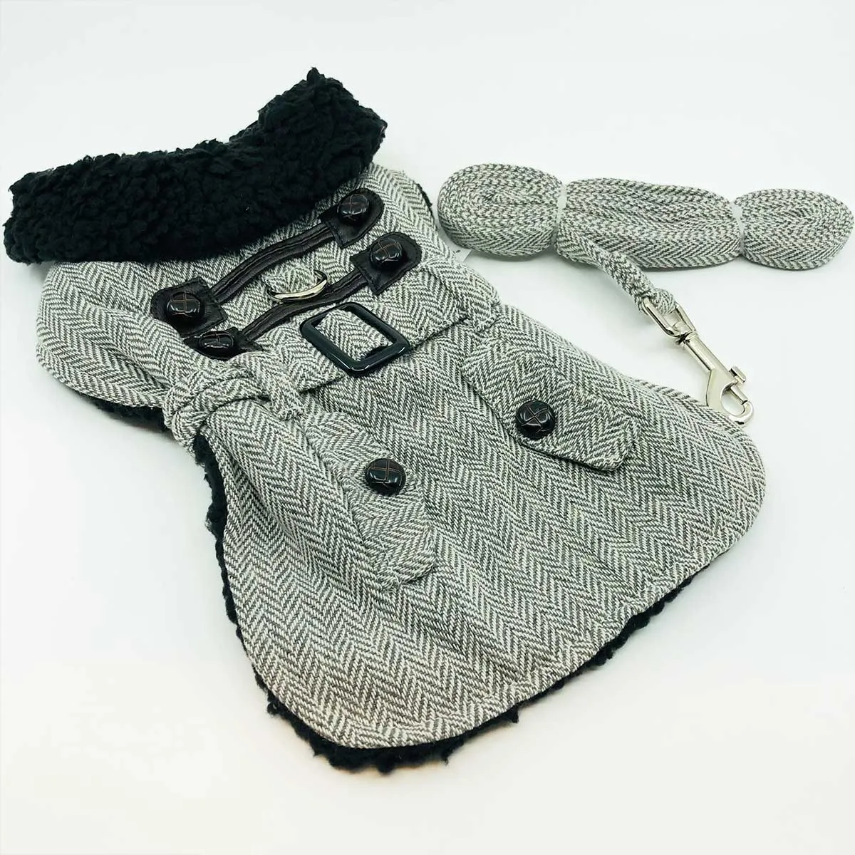 Gray Herringbone Dog Harness Coat with Black Faux Fur Collar