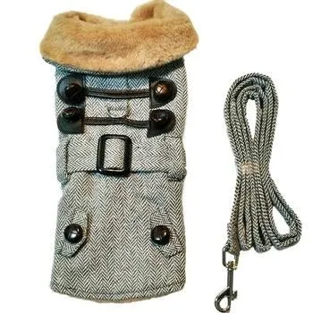 Grey Herringbone Dog Coat with Leash