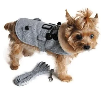 Grey Herringbone Dog Coat with Leash