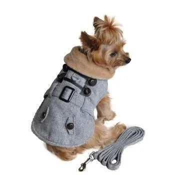 Grey Herringbone Dog Coat with Leash