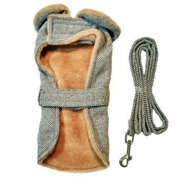 Grey Herringbone Dog Coat with Leash