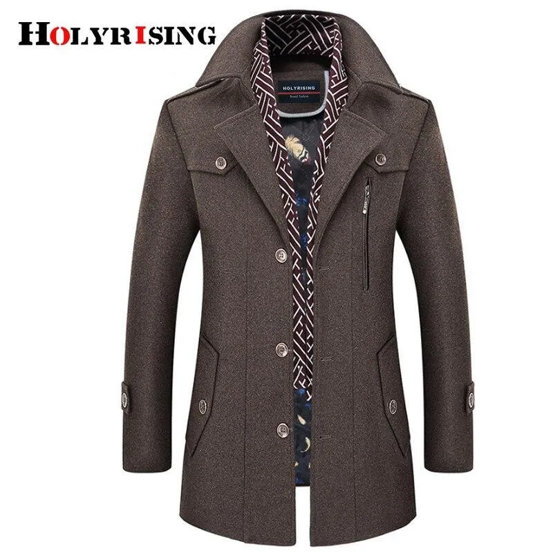 Holyrising Men Coat Wool Overcoat Turn Collar Warm Jackets Woolen Men Coats And Blends With Scarf Breathable Outwear 18423-5