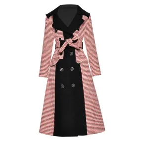 Houndstooth Long Sleeve Double-Breasted Long Coat