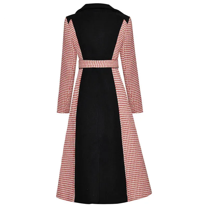 Houndstooth Long Sleeve Double-Breasted Long Coat