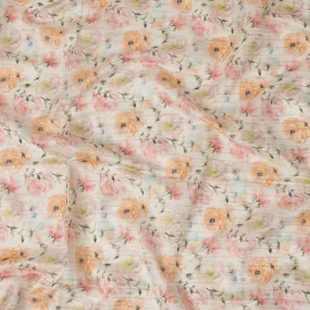 Ivory Viscose Blended Fabric with Peach and Pink Floral Embroidery, 110 cm Width-D20447