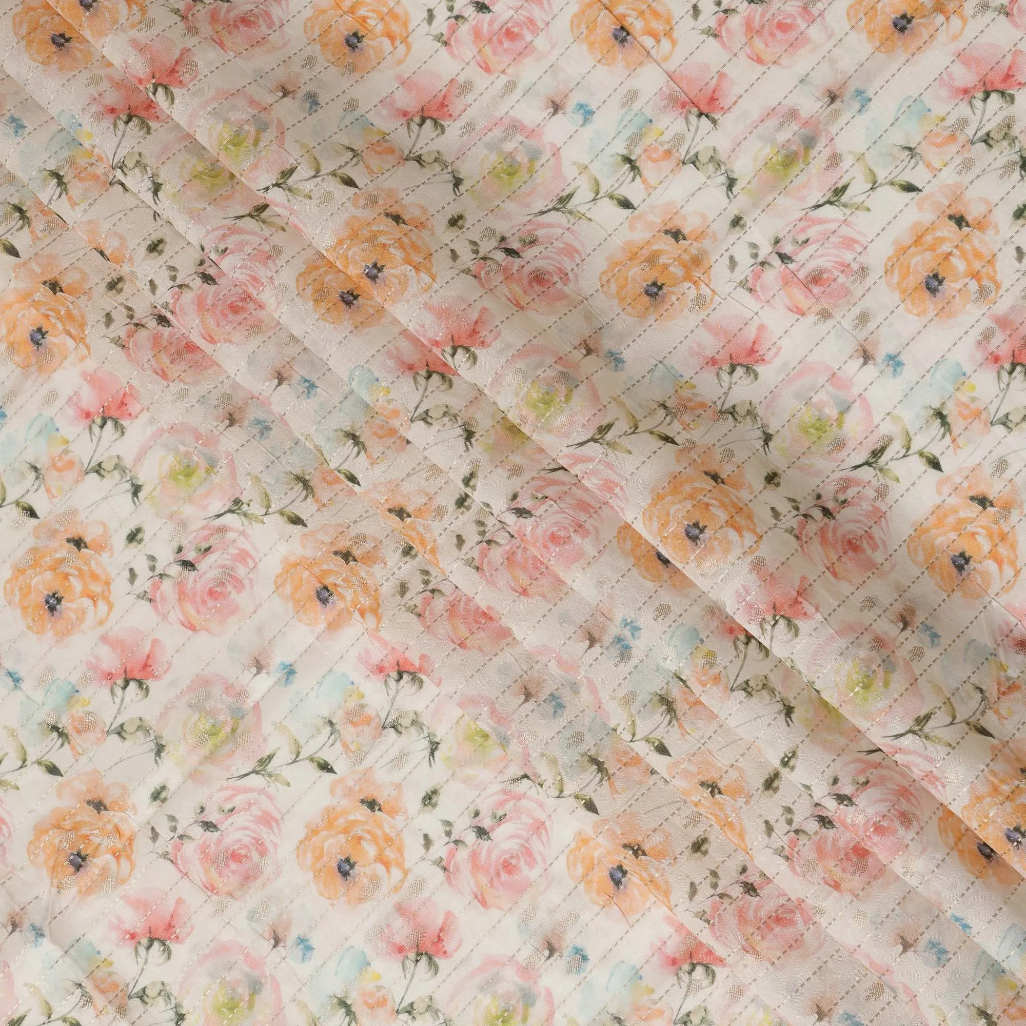 Ivory Viscose Blended Fabric with Peach and Pink Floral Embroidery, 110 cm Width-D20447