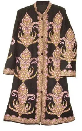 Kashmiri Woolen Coat Black, Multicolor Embroidery #AO-114