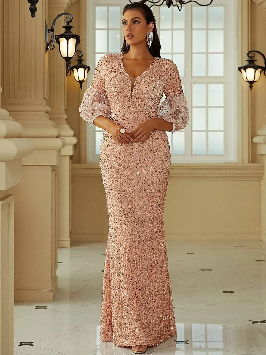 Lantern Sleeve V-Neck Mermaid Hem Sequin Prom Dress XH2184