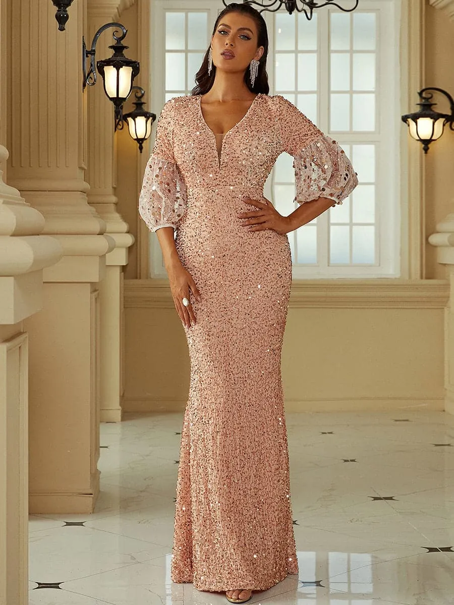 Lantern Sleeve V-Neck Mermaid Hem Sequin Prom Dress XH2184