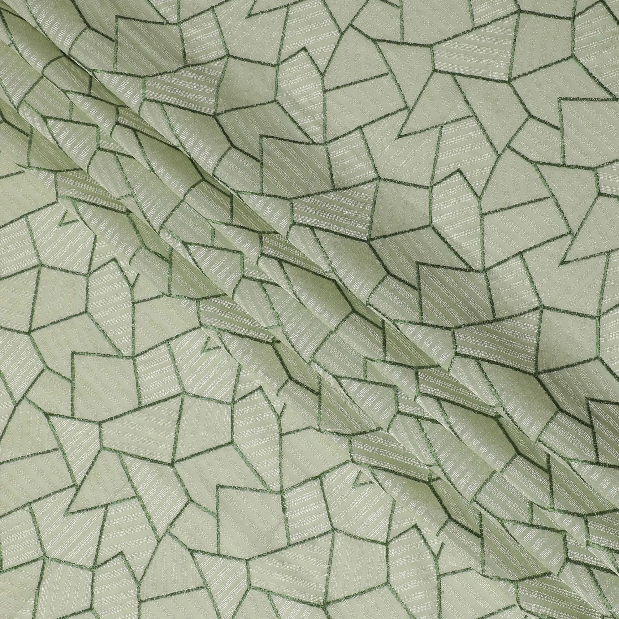 Light Green Cotton Voile Fabric with Geometric Embroidery, 110 cm Width-D20108