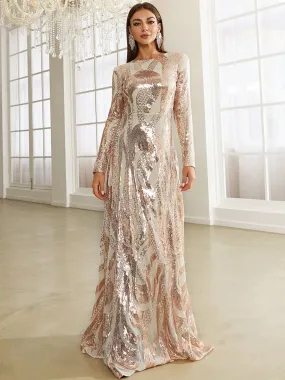 Long Sleeve Sequin Apricot Evening Dress XJ1494