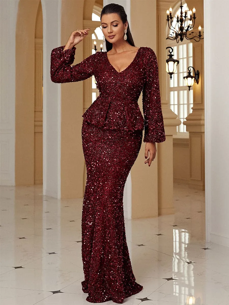 Long Sleeves V-Neck Ruffled Sequin Burgundy Evening Dress XJ1639