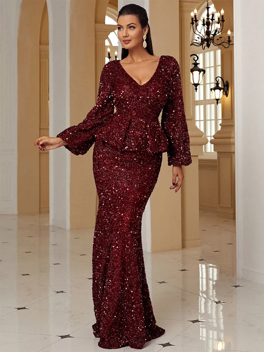 Long Sleeves V-Neck Ruffled Sequin Burgundy Evening Dress XJ1639