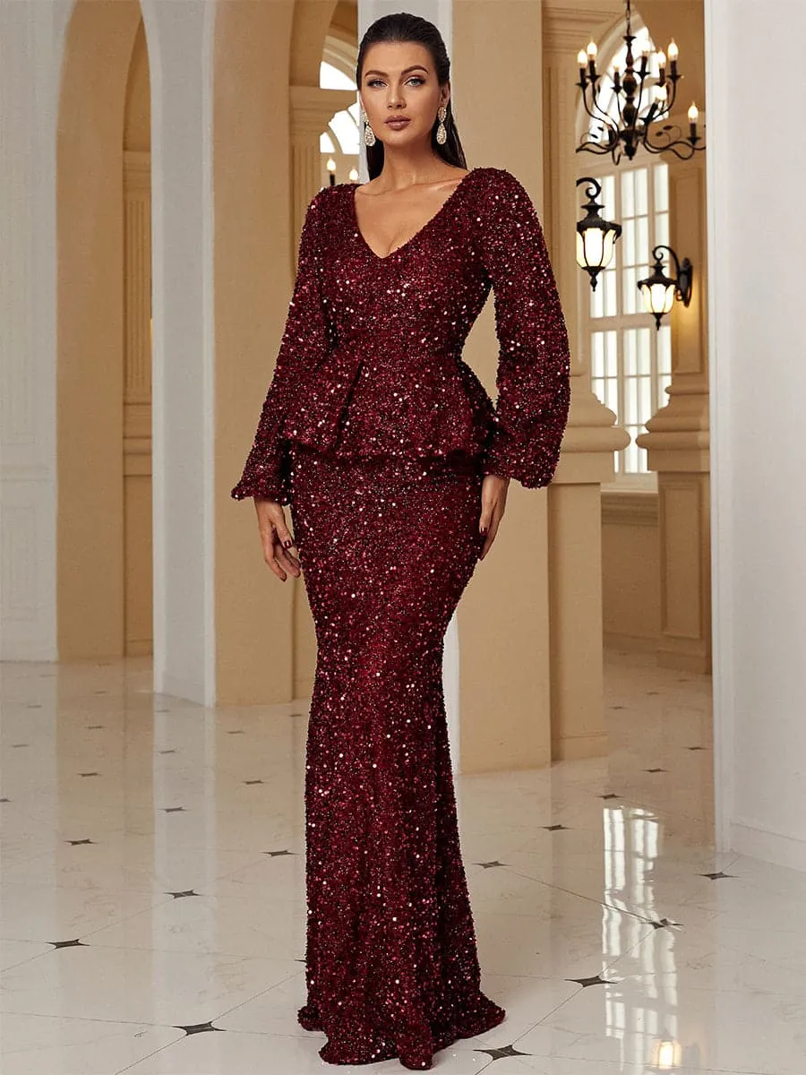 Long Sleeves V-Neck Ruffled Sequin Burgundy Evening Dress XJ1639