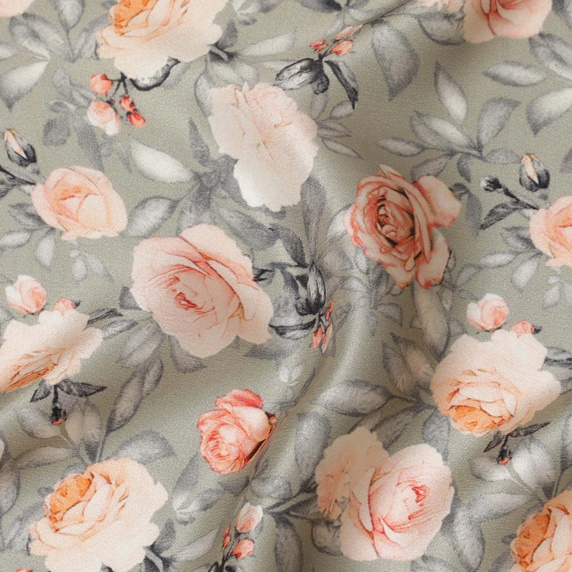 Luxurious Peach Blossom Silk Satin Fabric, 110 cm Wide â€“ Elegant Floral Print Design from India-D17716