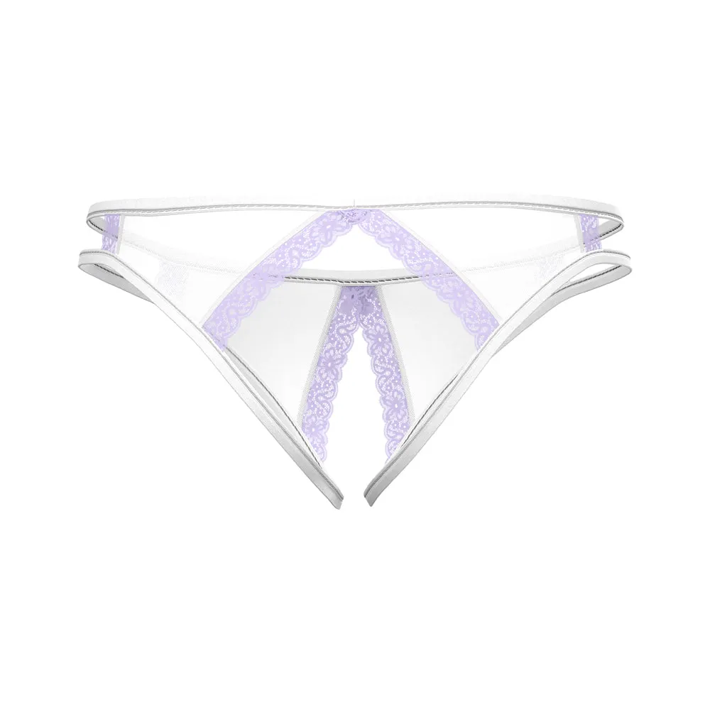 Magic Silk Sheer Passion Crotchless Low Rise Panty White/Lavender S/M