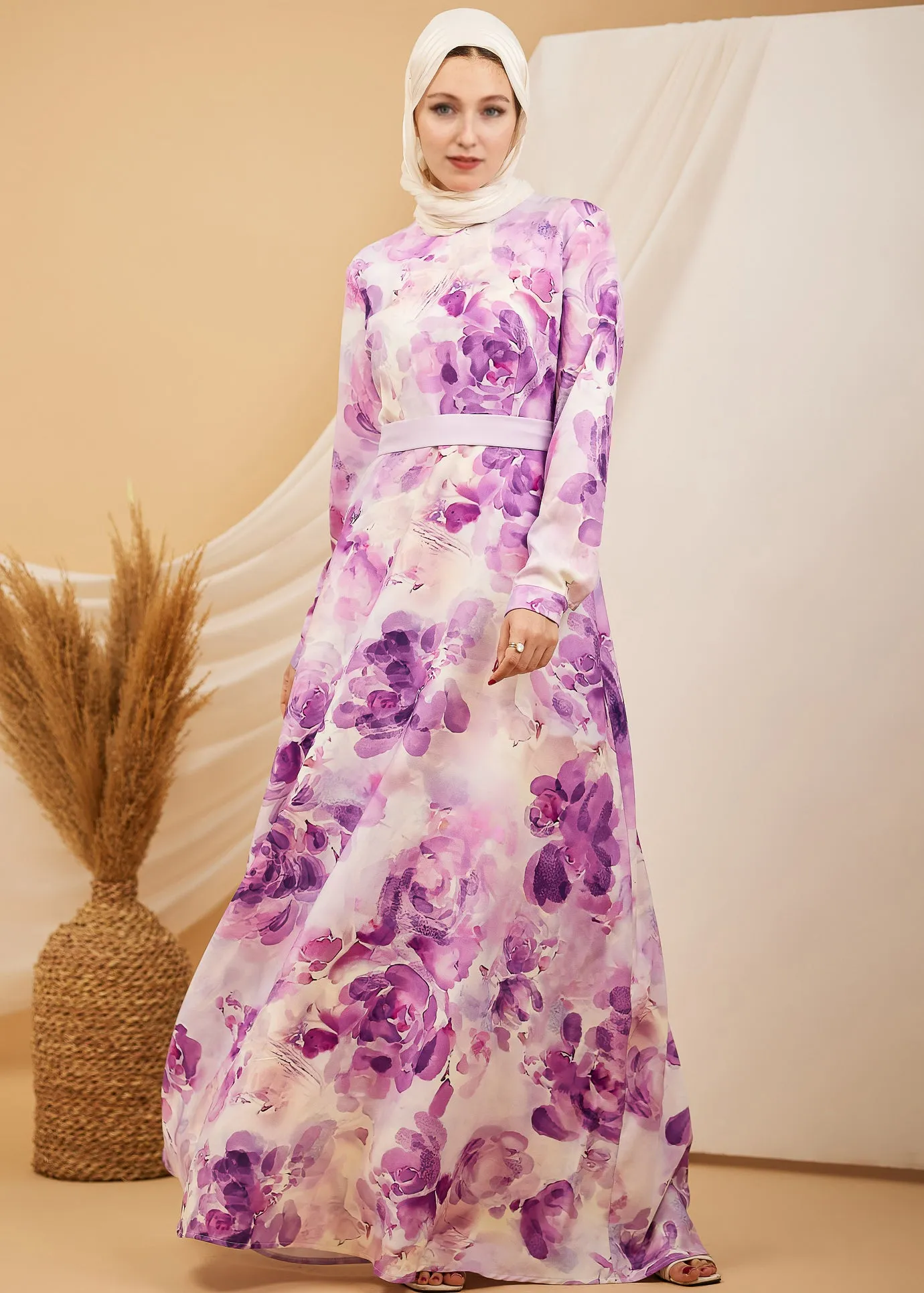 Maisa Lavender Blossom Elegance Crepe Maxi Dress with Floral Print