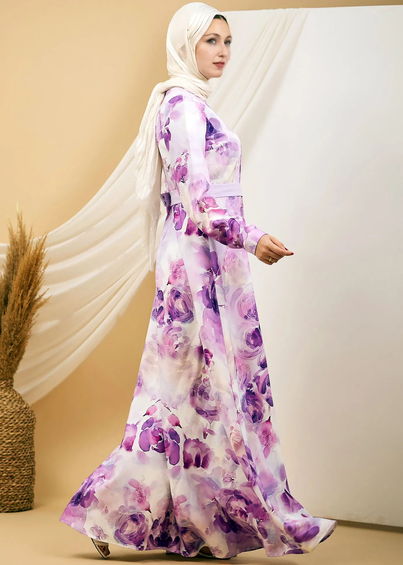 Maisa Lavender Blossom Elegance Crepe Maxi Dress with Floral Print