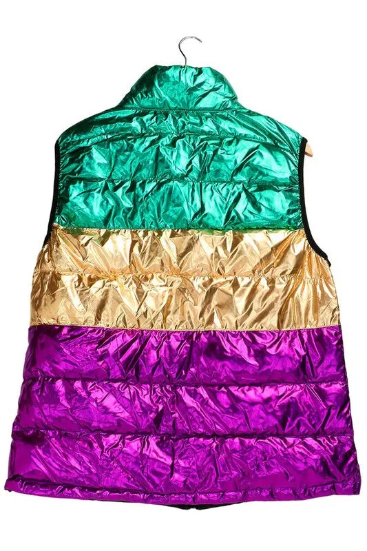 Mardi Gras Color Block Puffer Vest