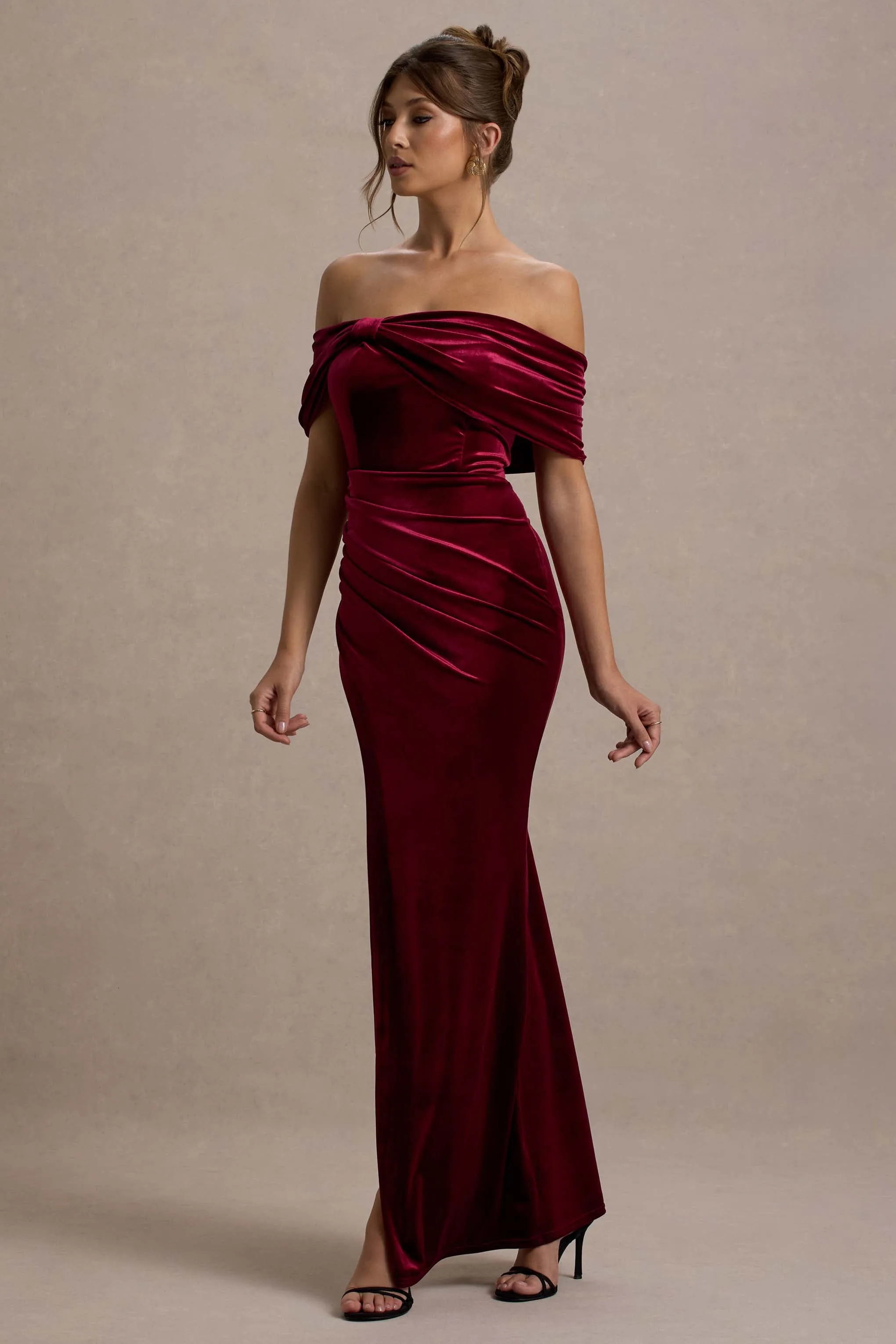 Merelyn | Berry Velvet Bow Bardot Split Maxi Dress