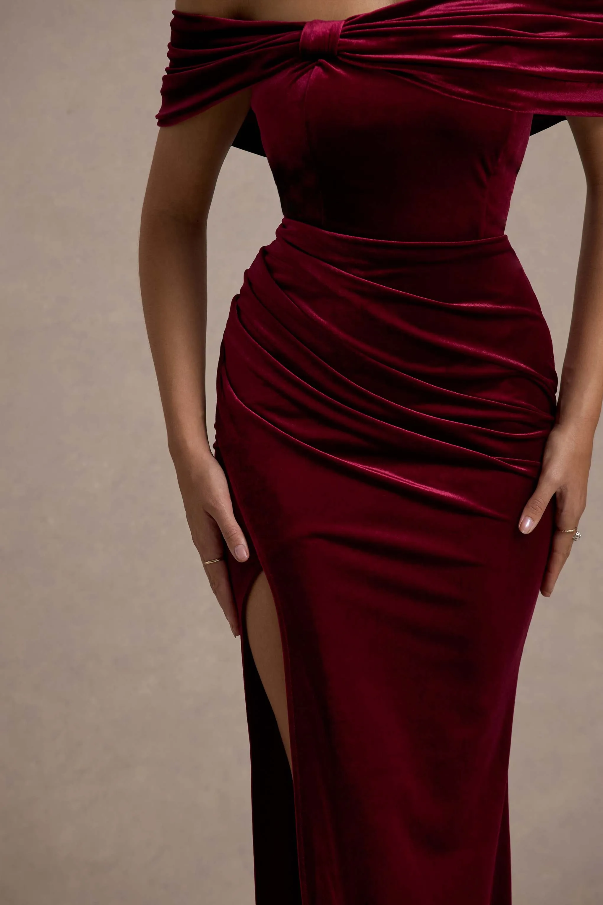 Merelyn | Berry Velvet Bow Bardot Split Maxi Dress