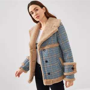 Multicolor Waterfall Collar Contrast Faux Fur Plaid Coat