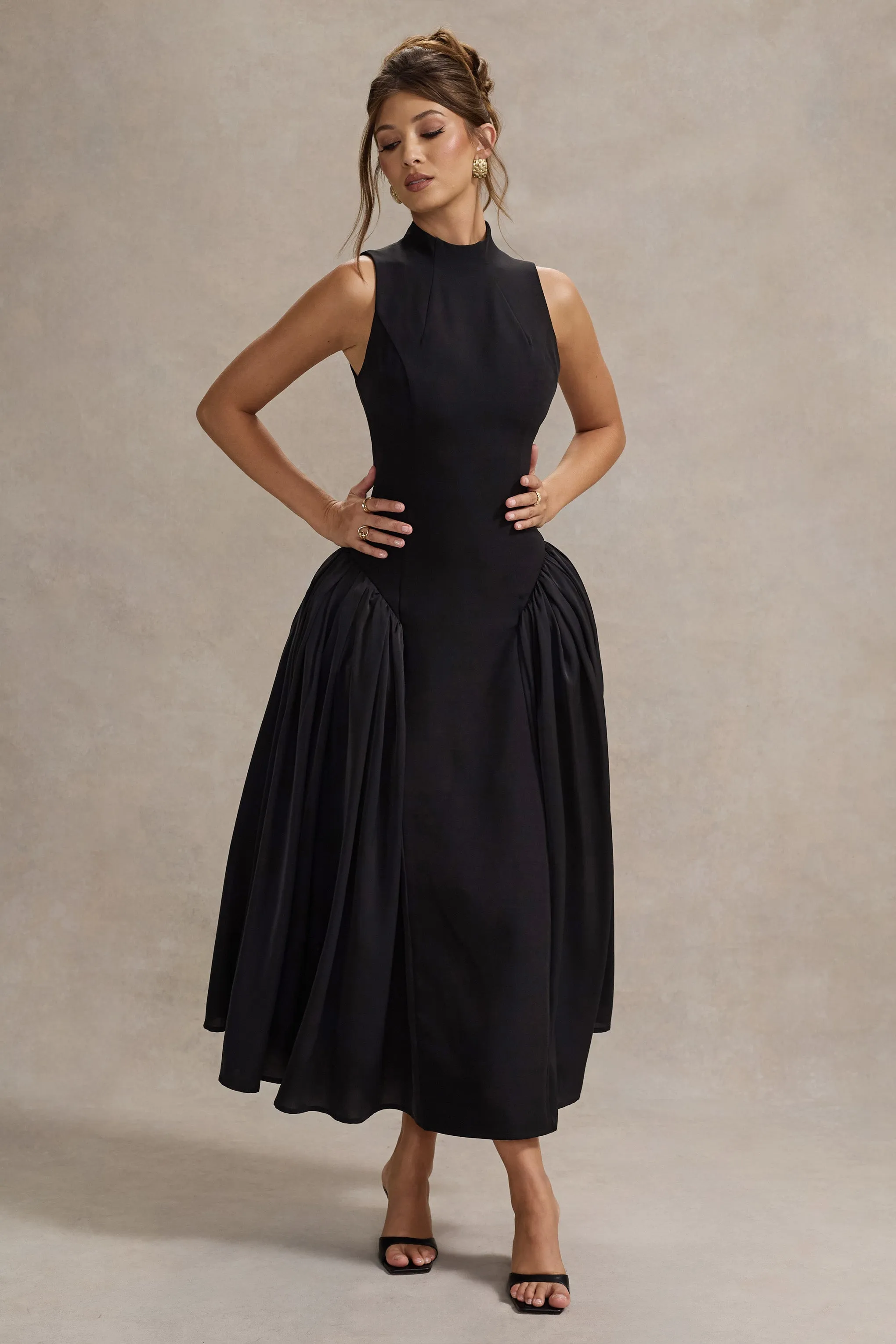 Napoli | Black High-Neck Volume-Skirt Midi Dress