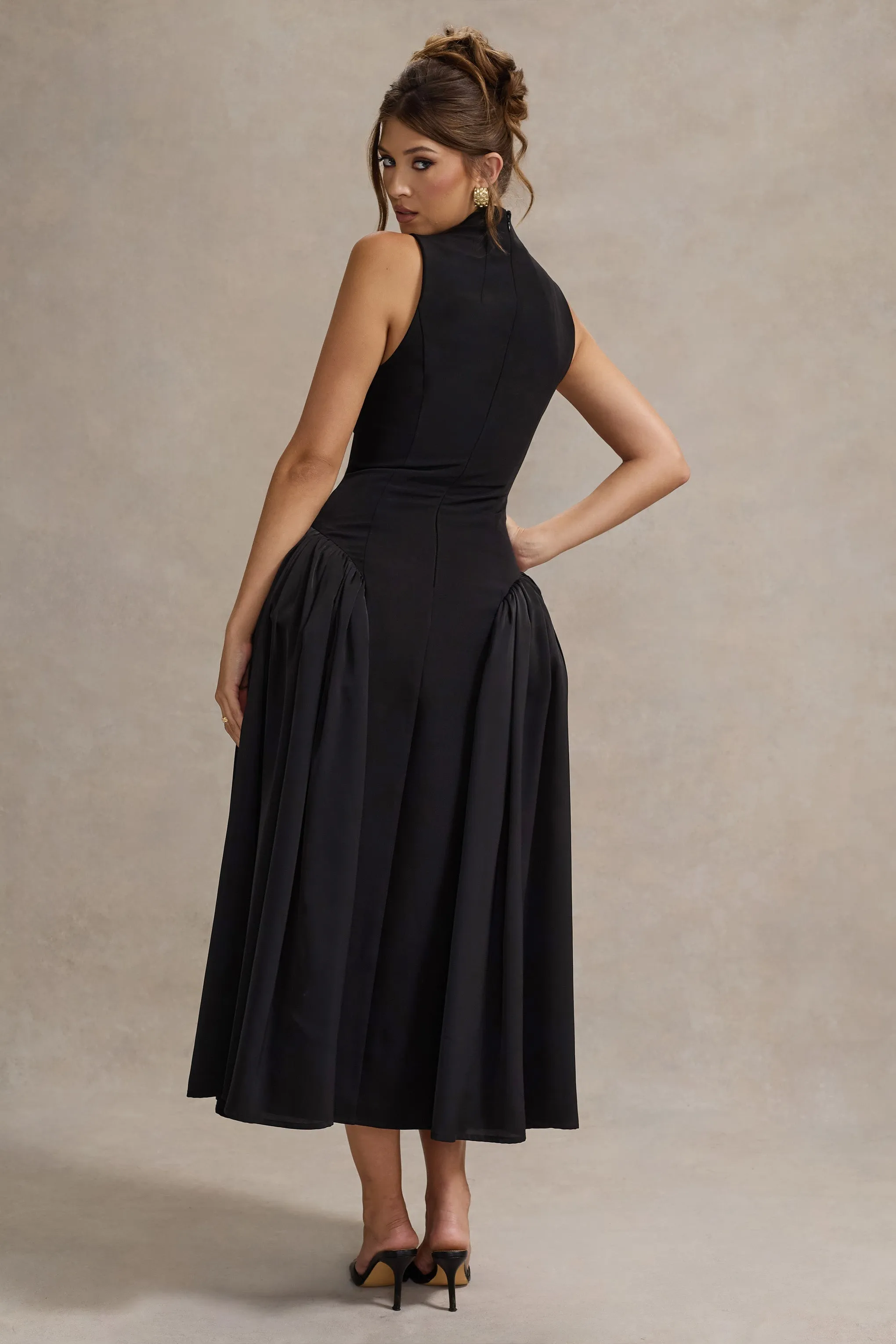 Napoli | Black High-Neck Volume-Skirt Midi Dress