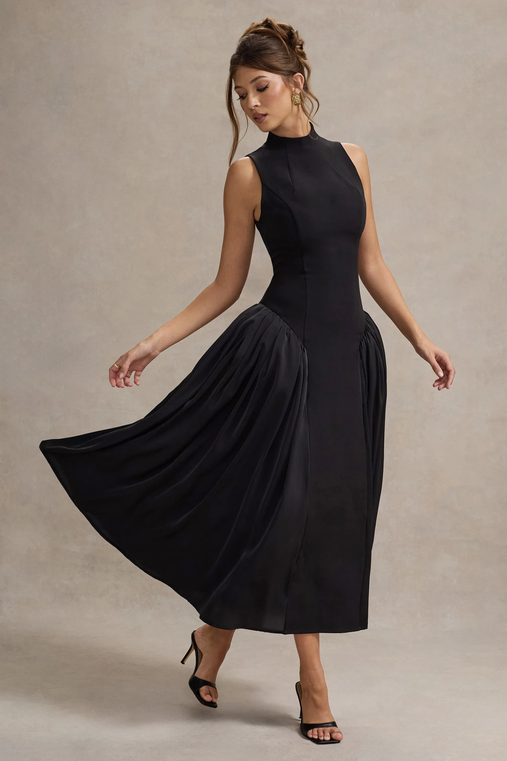 Napoli | Black High-Neck Volume-Skirt Midi Dress