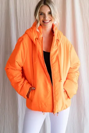 Neon Orange Solid Drawstring Puffer Jacket