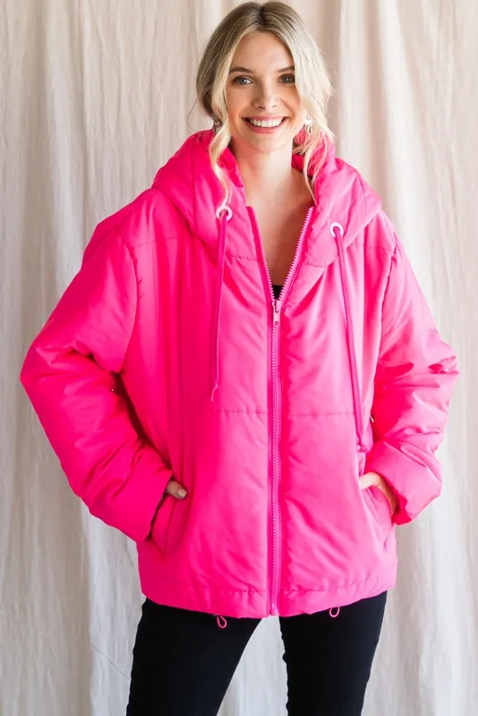 Neon Pink Solid Drawstring Puffer Jacket