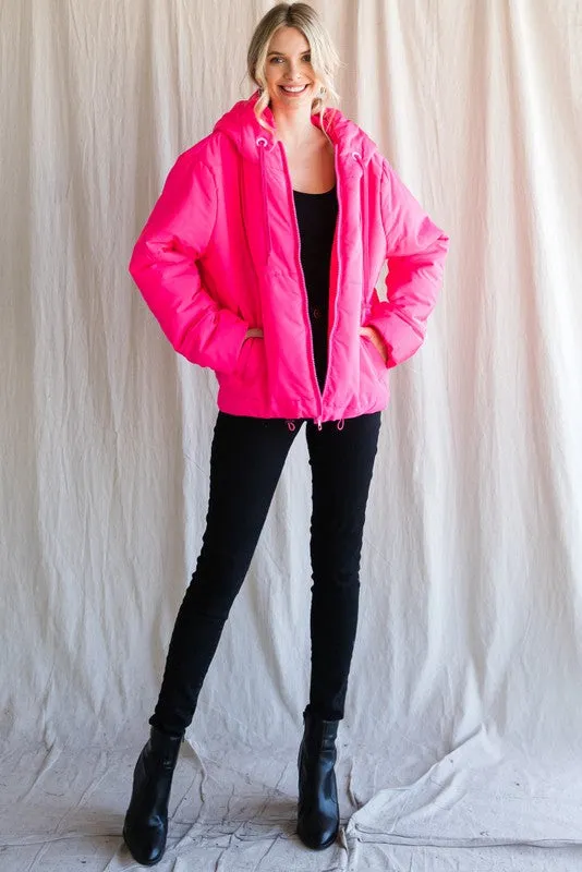 Neon Pink Solid Drawstring Puffer Jacket