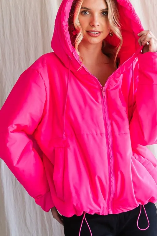 Neon Pink Solid Drawstring Puffer Jacket